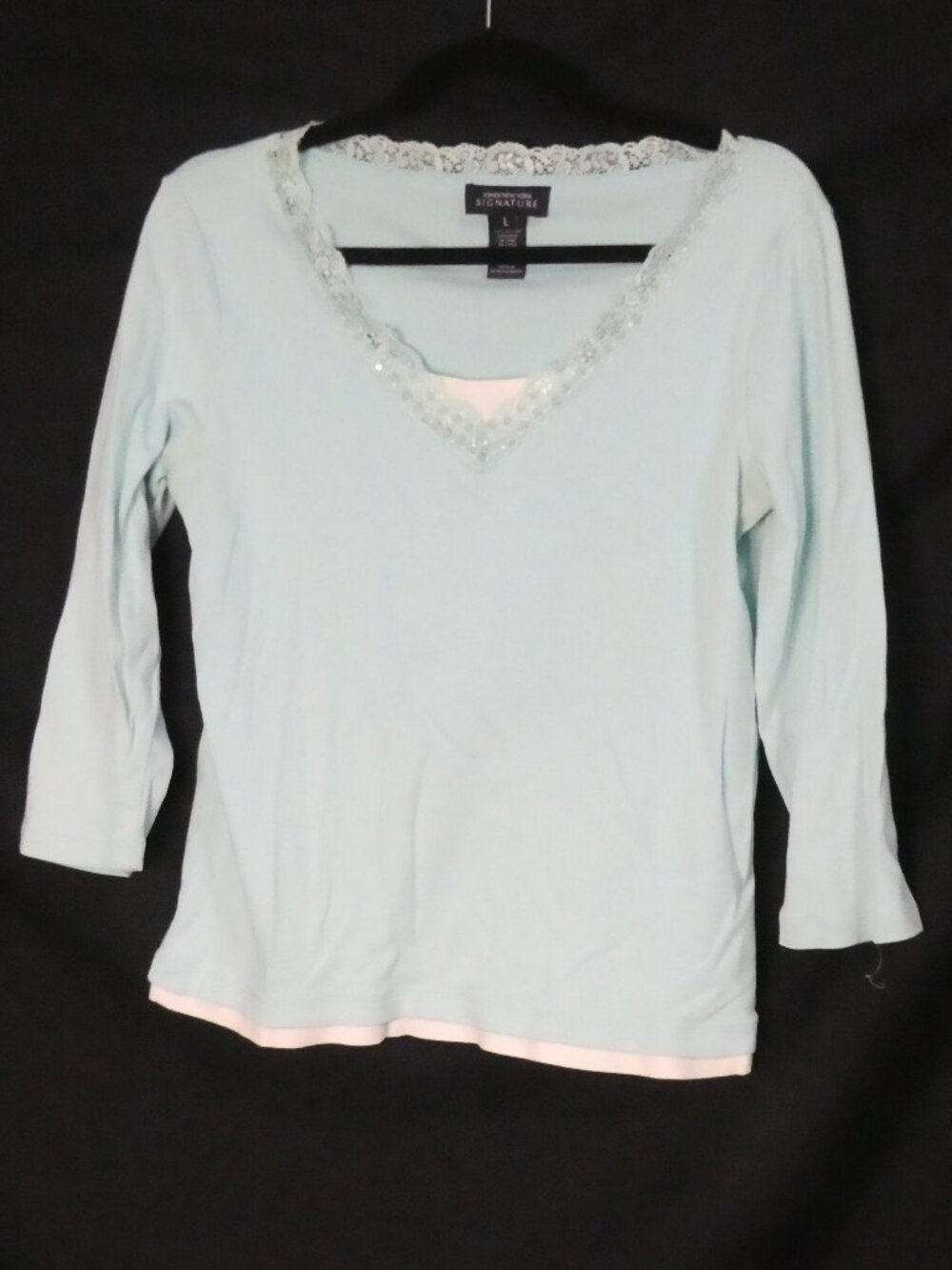 JONES NEW YORK SIGNATURE Aqua Blue Lace V-Neck Knit Top - Large